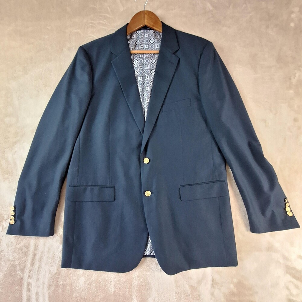 Alan Flusser Blazer Mens 42L Navy Blue Gold Button Double Vented Sport Coat